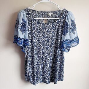 Lucky Brand Blue Floral Flutter Sleeve Short Sleeve Blouse